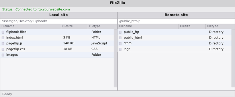 FTP client connected to a website showing local and remote file panes