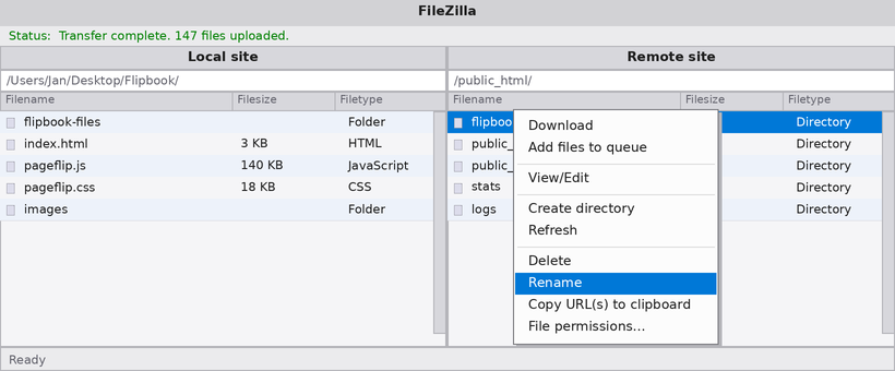 Renaming the uploaded folder to flipbook on the remote server