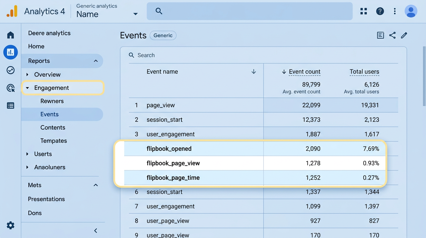 GA4 events report with flipbook events highlighted