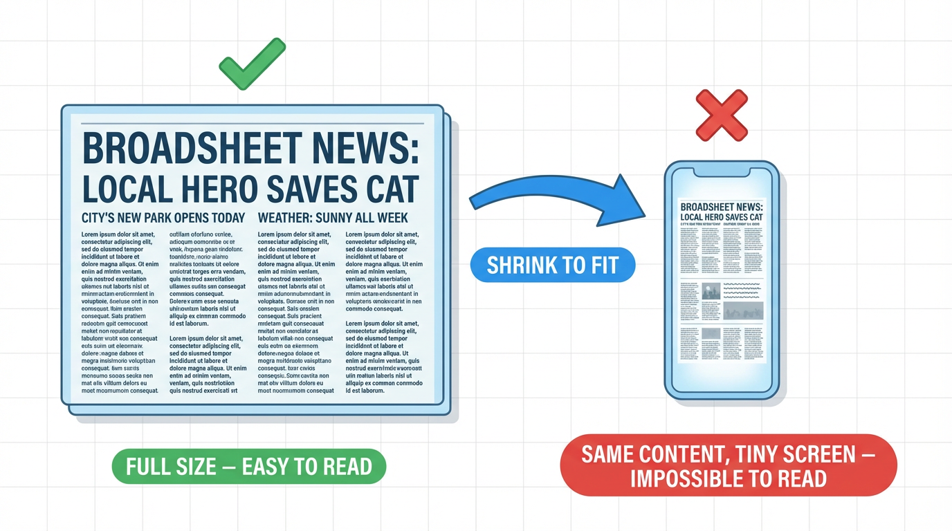 The same newspaper page full size and shrunk to fit a phone screen, where the small text becomes unreadable