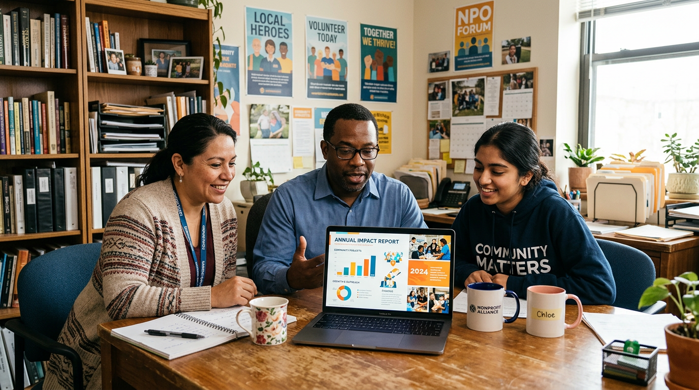 Nonprofit team reviewing a digital fundraising report