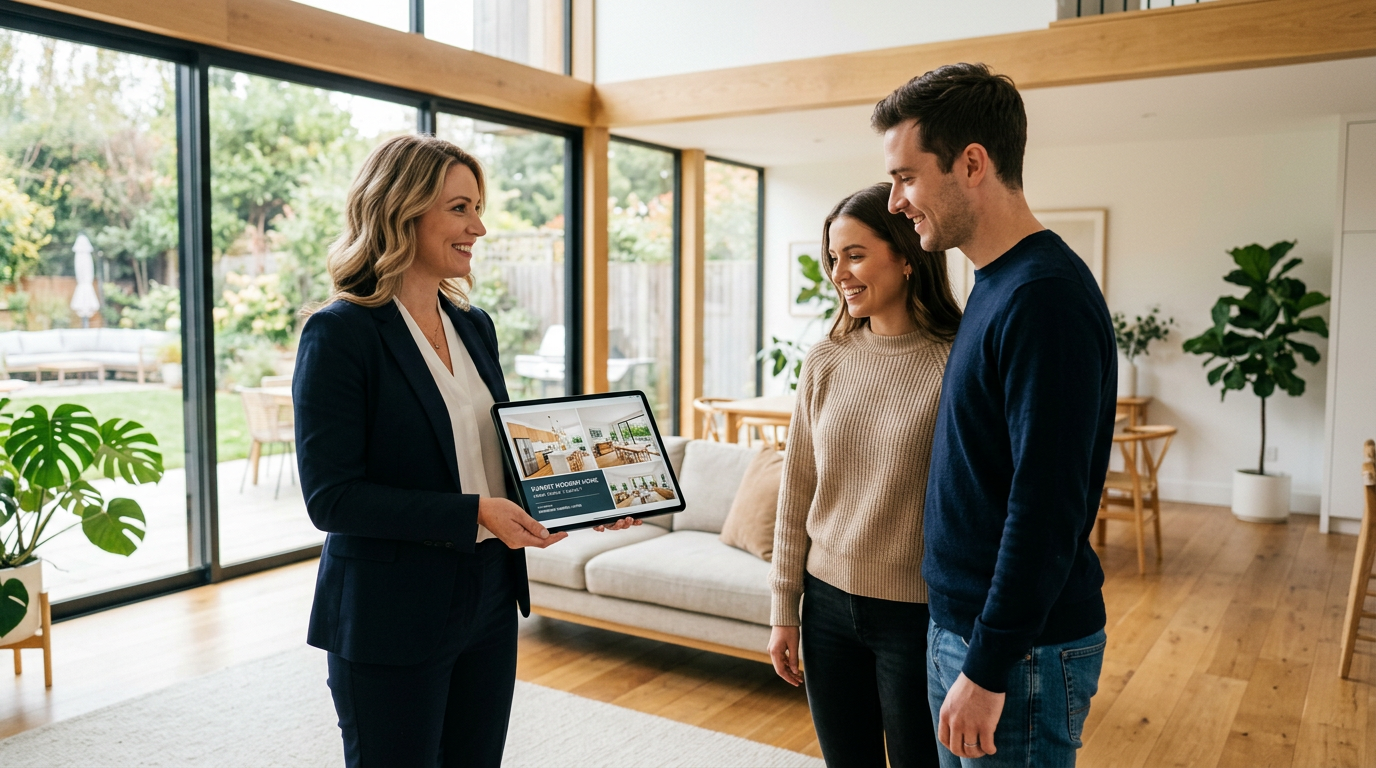 Real estate agent showing a digital property brochure